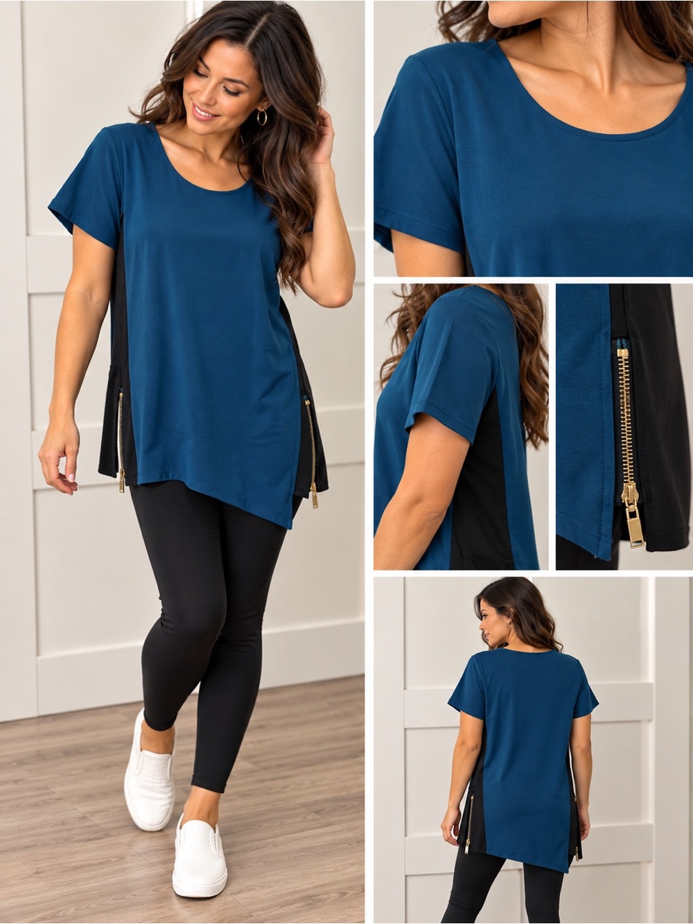 Ricki's Teal Short-Sleeve Tunic with Black Side Panels and Gold Zippers